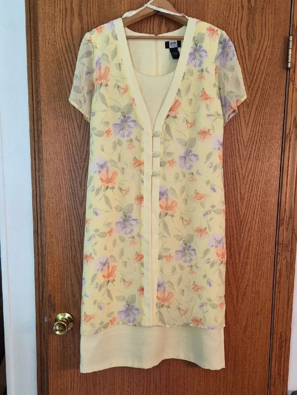 Studio 1940 Yellow Linen Dress with Semi-Sheer Floral "Crinkled" Overlay Sz 12